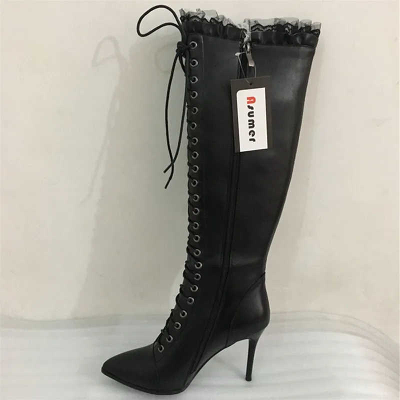 ASUMER/высокие сапоги до колена Сапоги из натуральной кожи с острым носком и на