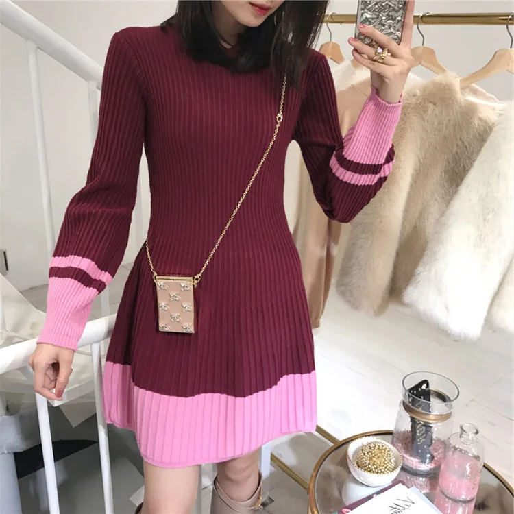 Вязаное зимнее платье для женщин 2018 Новое лоскутное свитер трапециевидной формы