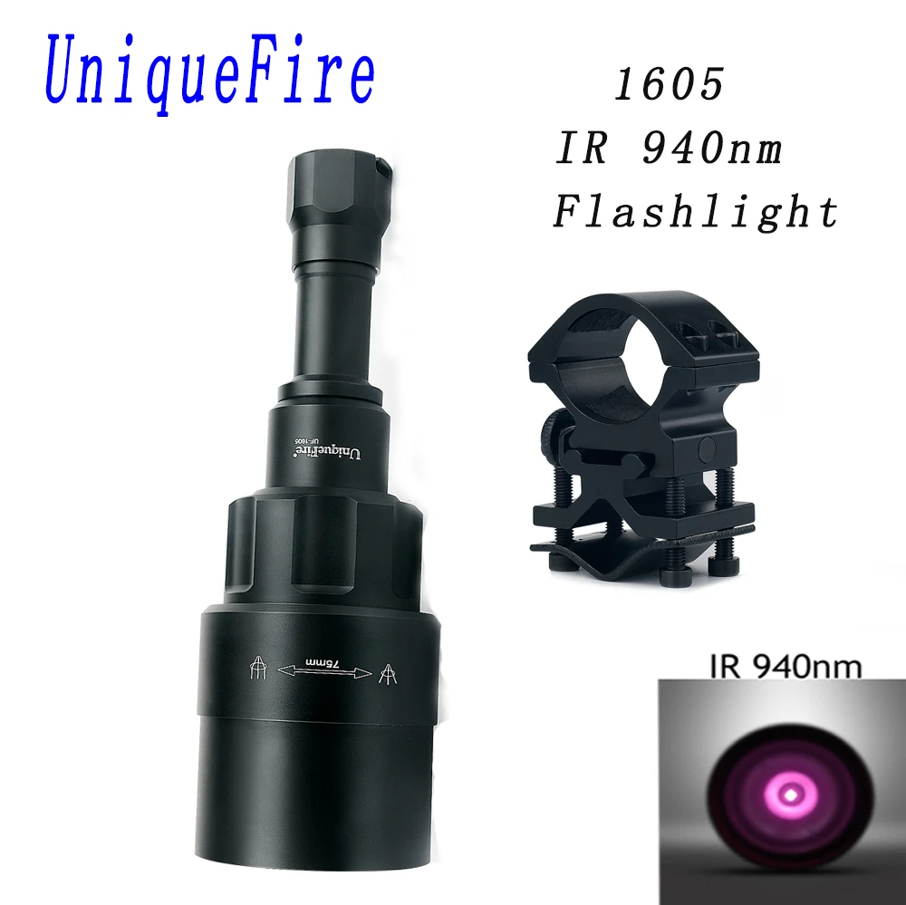

UniqueFire 1605 IR 940NM LED Flashlight 75mm Lens Infrared Light Night Vision Torch Rechargeable With Scope Mount For Hunting