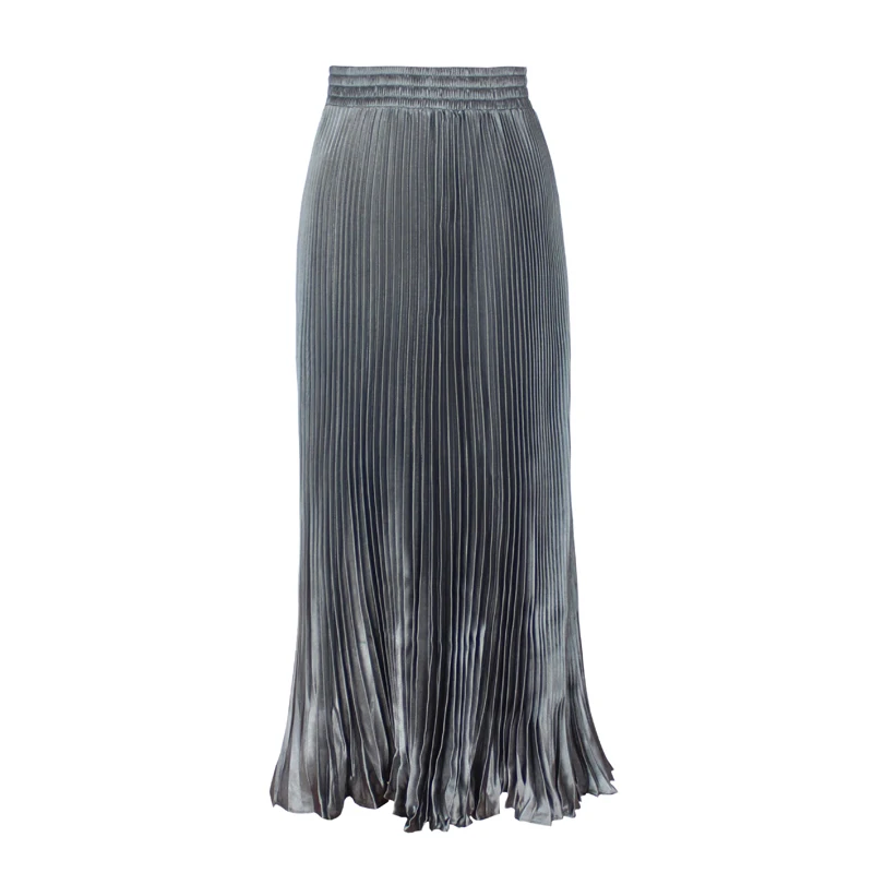 JuneLove Fashion Metallic Color Skirt women large swing pleated women skirt gold sliver bottoms vintage elastic waist skirt