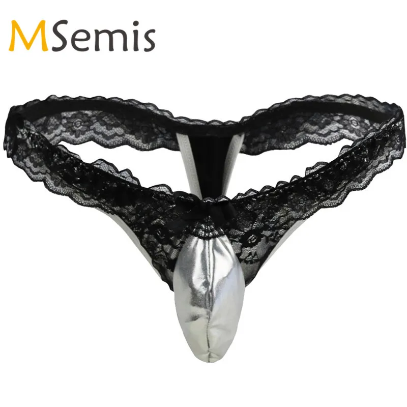 

Sexy Mens Sissy Lingerie Patent Leather Lace Briefs Thong G-string Gay Underwear Sissy Pouch Panties Gay Jockstrap kanten heren