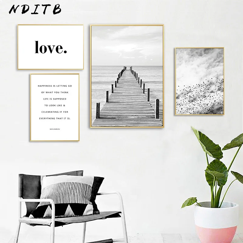 Скандинавский черно белый пейзаж холст Постер цитаты настенная живопись