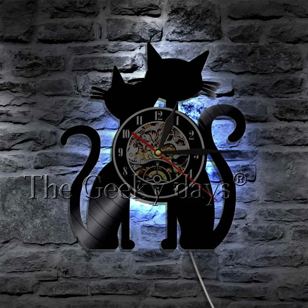 Couple Cats Vinyl Record Wall Clock Modern Design Kitty Animal 3D Watch Peeping Cat Unique Gift For Pet Lover | Дом и сад