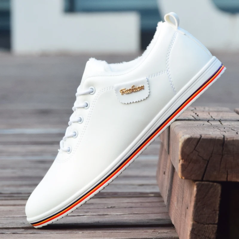 Autumn Winter Men Shoes Breathable Men's Casual Shoes Pu Leather Flat Shoes Lace-Up Man Shoes Comfortable Outdoor White Sneakers