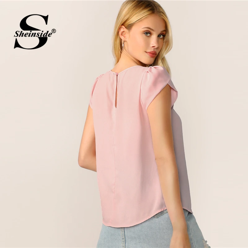 Sheinside, элегантный, с замочной скважиной, с рукавом-лепестком сзади, однотонный топ для женщин, новинка, летняя, с рукавом-крылышком, блузки для девушек, Повседневный, минималистичный Топ