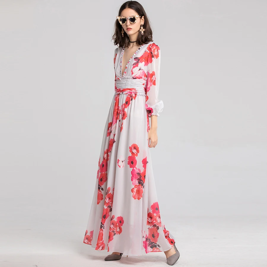 Платье для пляжа AELESEEN Designer Runway 2019 весна осень V-образный вырез цветочный длинное Femme Boho стиль пайетки сексуальное Vestido XXL.