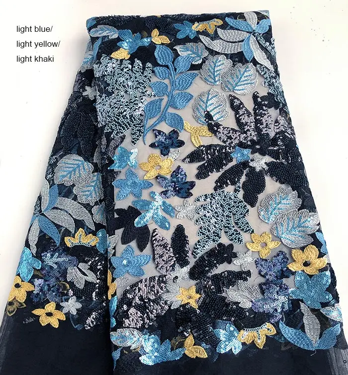 Black Light blue Большая Цветочная вышивка французское кружево богатый тяжелый Свадебный Африканский тюль чистая кружевная ткань для торжества aso ebi 5 ярдов Высокое качество - Цвет: Black Light blue