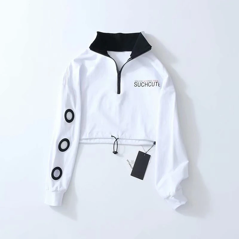 Spring Loose Short Turtleneck sweatshirt White Holes Harajuku kpop Streetwear High Waist Pullover Sweatshirt women | Женская одежда