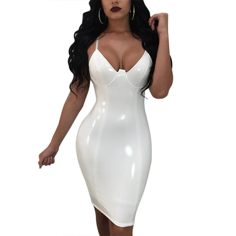 

Sexy Wet look Zipper Spaghetti Strap Midi Bodycon Dress 2018 Sleeveless Clubwear Party Vinyl Leather Dress Black White Red Pink