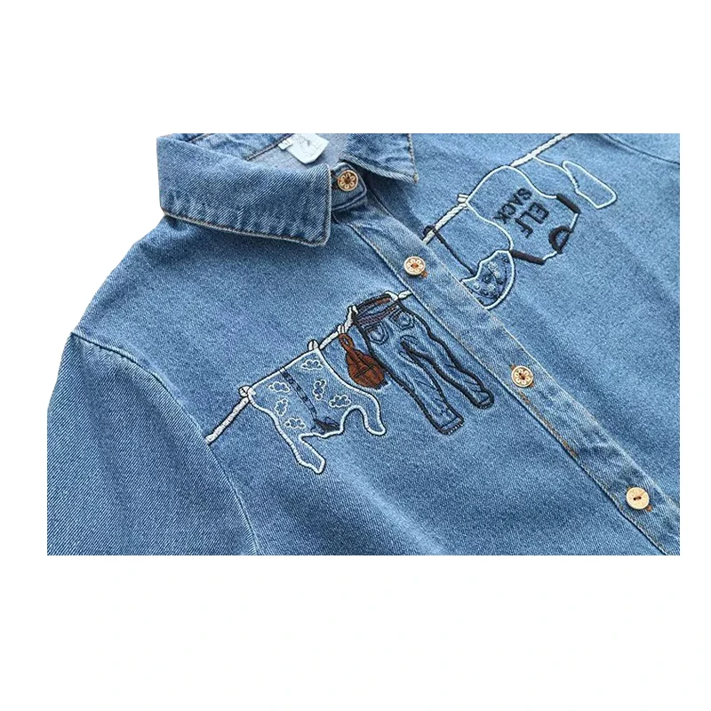 Для женщин Джинсовые рубашки 2017 Женский Blusas милый мультфильм вышитые рубашка