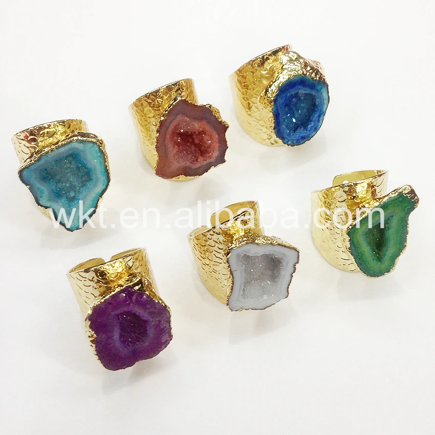 Женское кольцо с камнем натуральный жеод золотистое отделкой подарочное