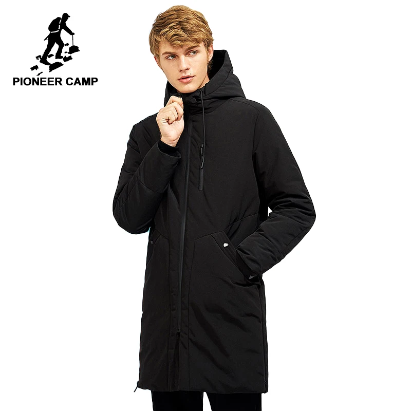 Мужской пуховик Pioneer Camp черный длинный теплый с капюшоном водонепроницаемая