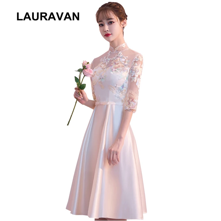 

short lace satin champagne elegant puffy high neck evening gowns ball gown dress modest tea length party dresses for ladies