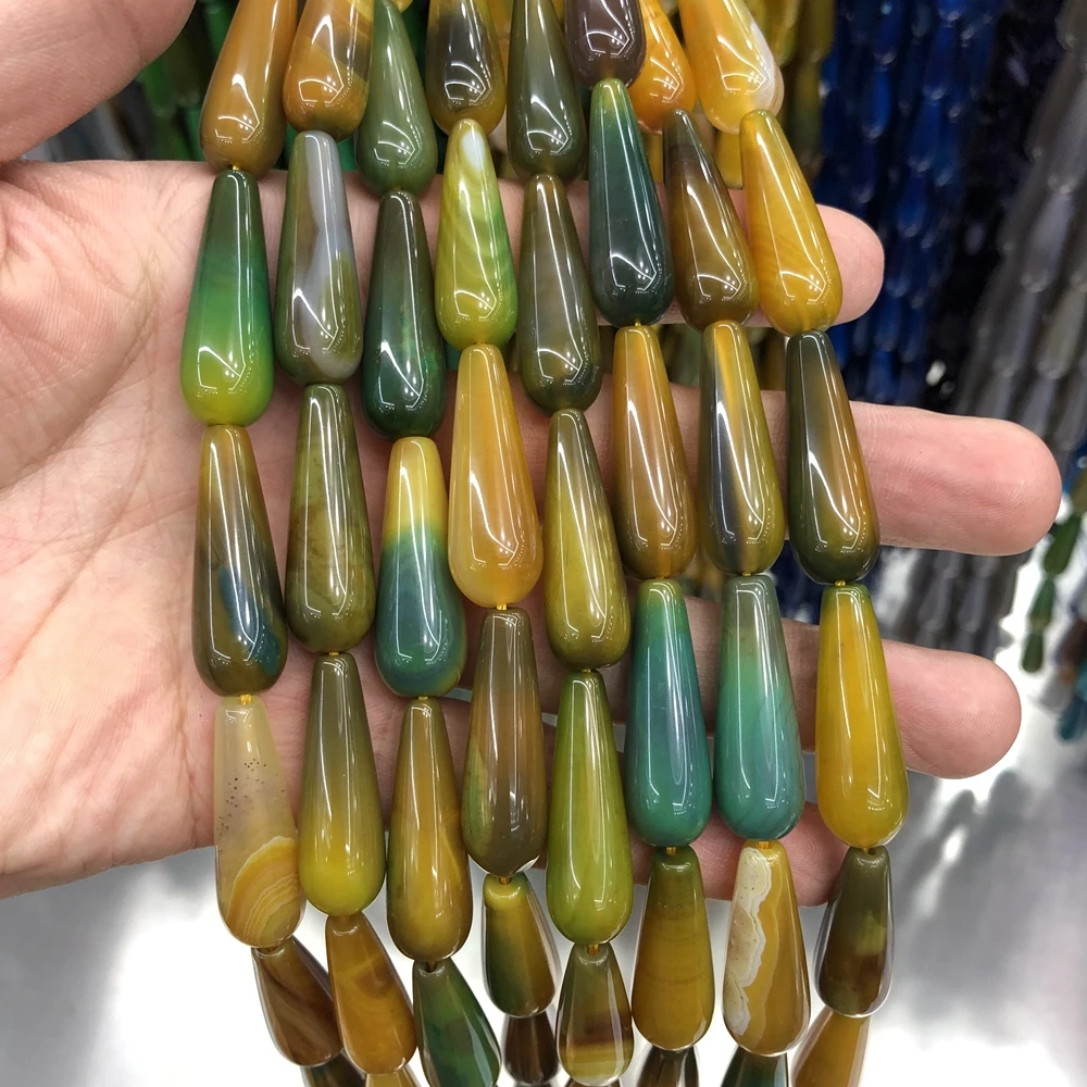 

Wholesale Natural Green Yellow Agat e Carnelian Drop Beads 10x30mm Round Drop Pear Gem Stone Jewelry Loose Beads 2strings of 15"