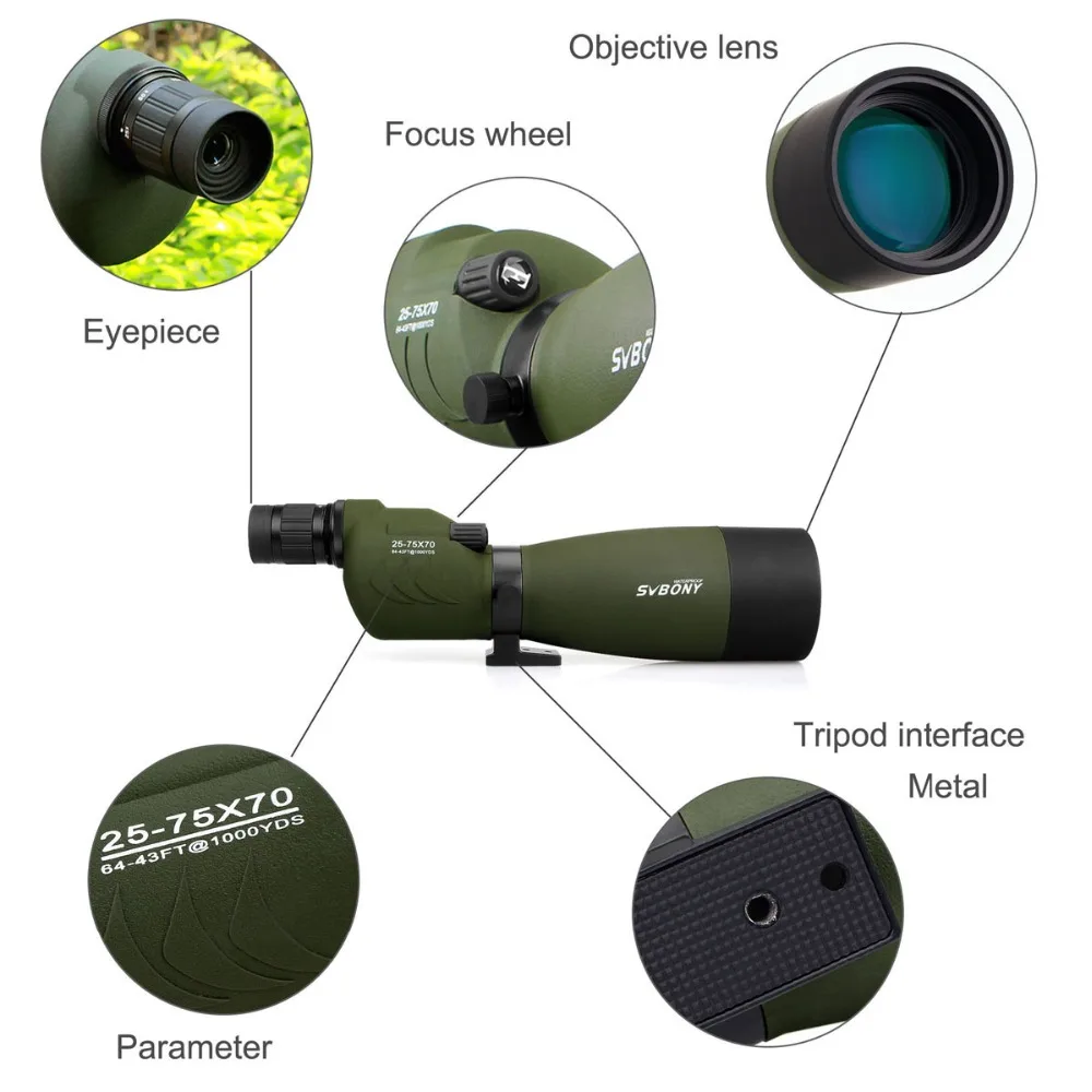 SVBONY SV17 Зрительная труба 25-75x70mm Zoom BAK4 Водонепроницаемая прямая 180 De для скворечного телескопа F9326G