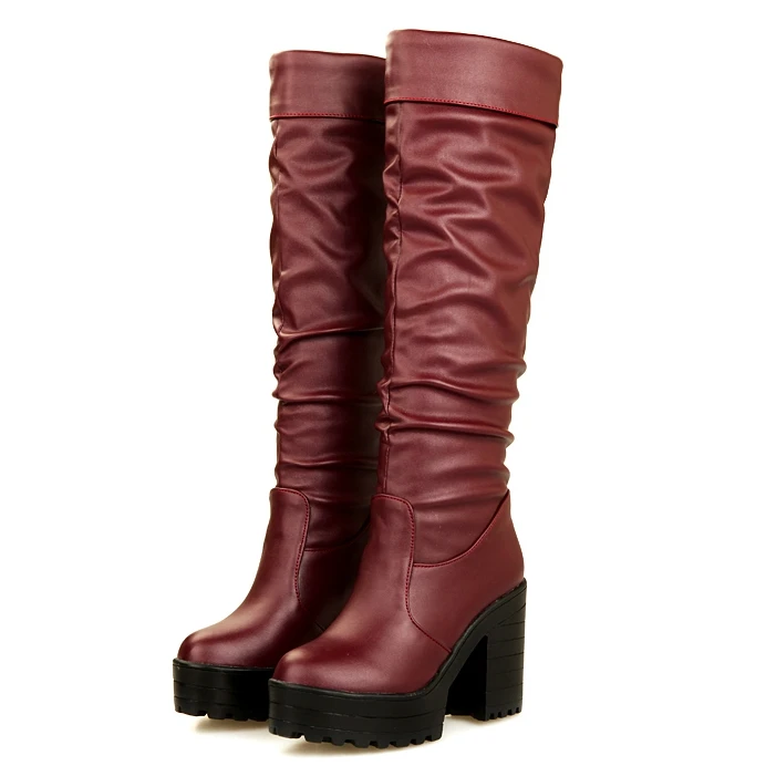 Wine red fur ASILETO/осенне-зимняя обувь; сапоги до бедра на платформе; сапоги из искусственной кожи; женская обувь на толстом высоком каблуке; Botas mujer; ботинки; A933 - Цвет: Wine red fur