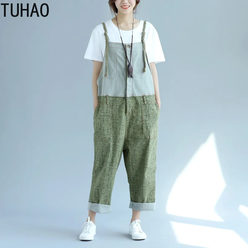 

TUHAO Jeans Jumpsuits Women Boyfriend Drop Crotch Denim Overalls Pants Retro Wide Leg Harem Trousers Large Size Rompers LLJ