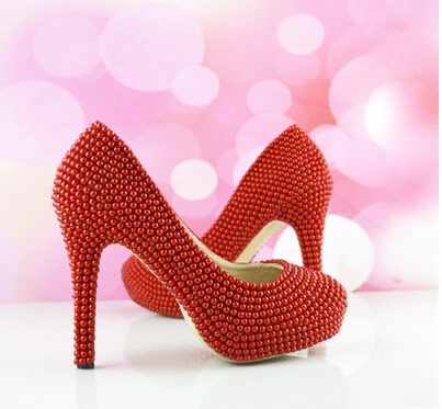 red 11cm heel Love Moments/белые свадебные туфли с жемчугом; элегантная обувь для невесты; женские туфли-лодочки ручной работы на каблуке; женские свадебные туфли-лодочки из натуральной кожи - Цвет: red 11cm heel