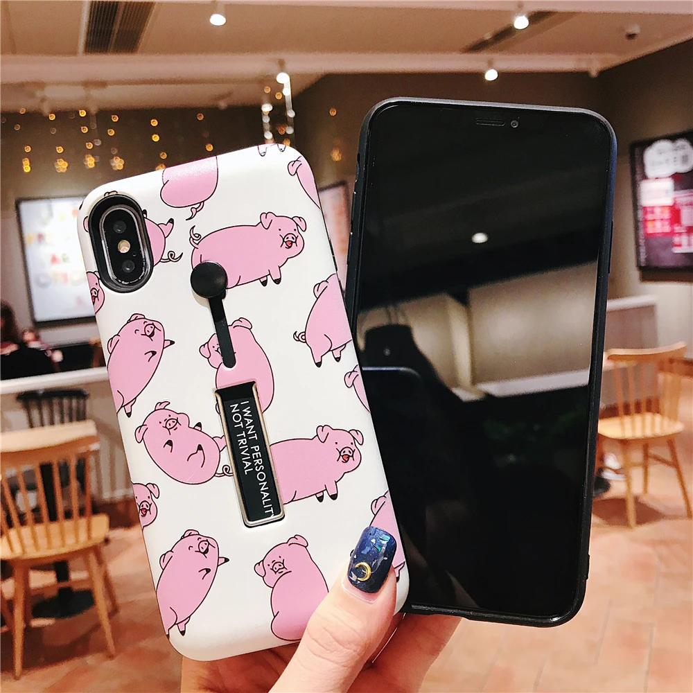 High quaity Hide Bracket Ring Phone Case For iPhone 6 6S Plus 7 8 Relief Cartoon Lovely Pink Pig XS MAX XR |