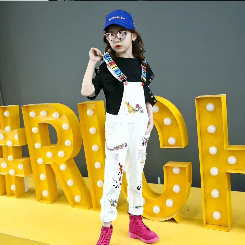 Модные джинсы для девочек детский комбинезон рваные брюки карандаш с граффити