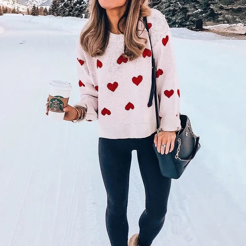 CHRLEISURE Ladies Cute Pullover Casual Loose Sweater Love Decoration Long Sleeve Plus Size | Женская одежда