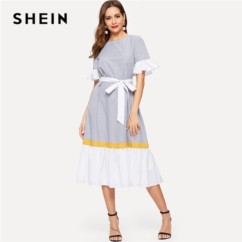 SHEIN модное платье в полоску с оборкой и цветным поясом,, Boho, весна-лето, короткое платье с воланом, рукав, туника, цельнокроеное женское платье