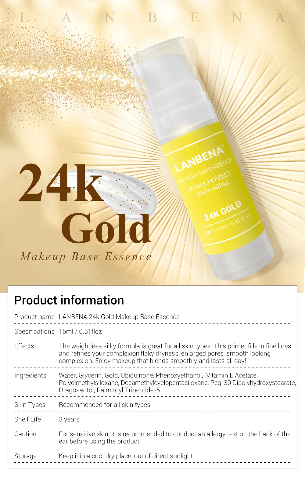 LANBENA, праймер для макияжа, 24 K, Золотая основа для макияжа, эссенция, сыворотка для лица, поры, идеальный увлажнитель для лица, контроль жирности, солнцезащитный крем, осветление