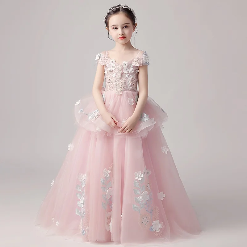 Платья для девочек розовые с цветами бусинами вечеринок платья TS979 2019|Цветочные