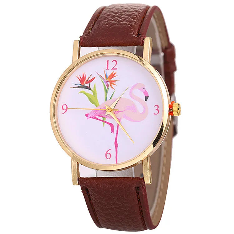 9079 brown MINHIN, новые модные женские часы, напульсники из искусственной кожи, браслет с рисунком фламинго, золотые часы, кварцевые часы для женщин, Reloj - Цвет: 9079 brown