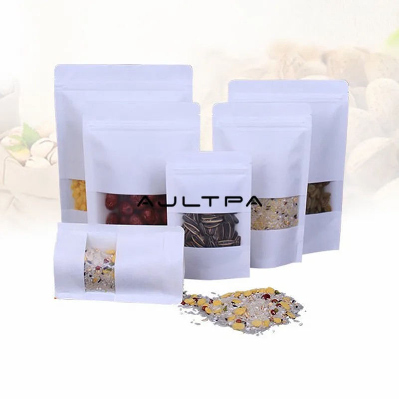 

2000pcs/lot 11 Size White Stand up kraft paper bag with matt window and zipper for food,White paper bag Factory wholesale