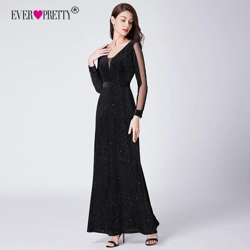 Черное вечернее платье с длинным рукавом Ever Pretty EP07394BK элегантное осеннее длинное вечернее платье в стиле Русалочки