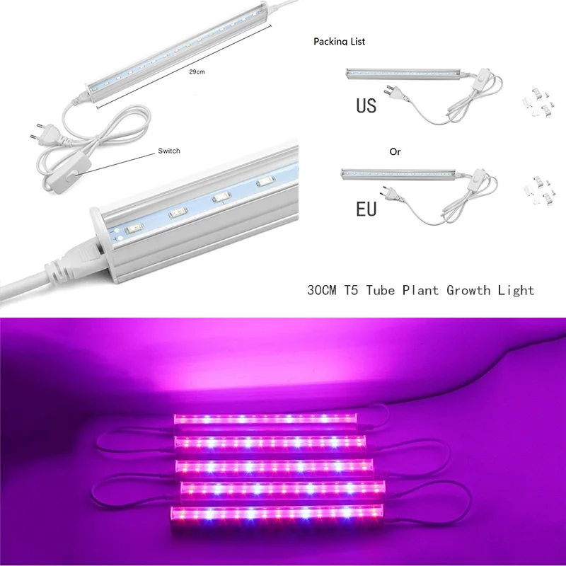 Полный спектр Led Grow Light T5 Tube 85 265V 30 см 15SMD 5733 штепсельная Вилка для роста растений
