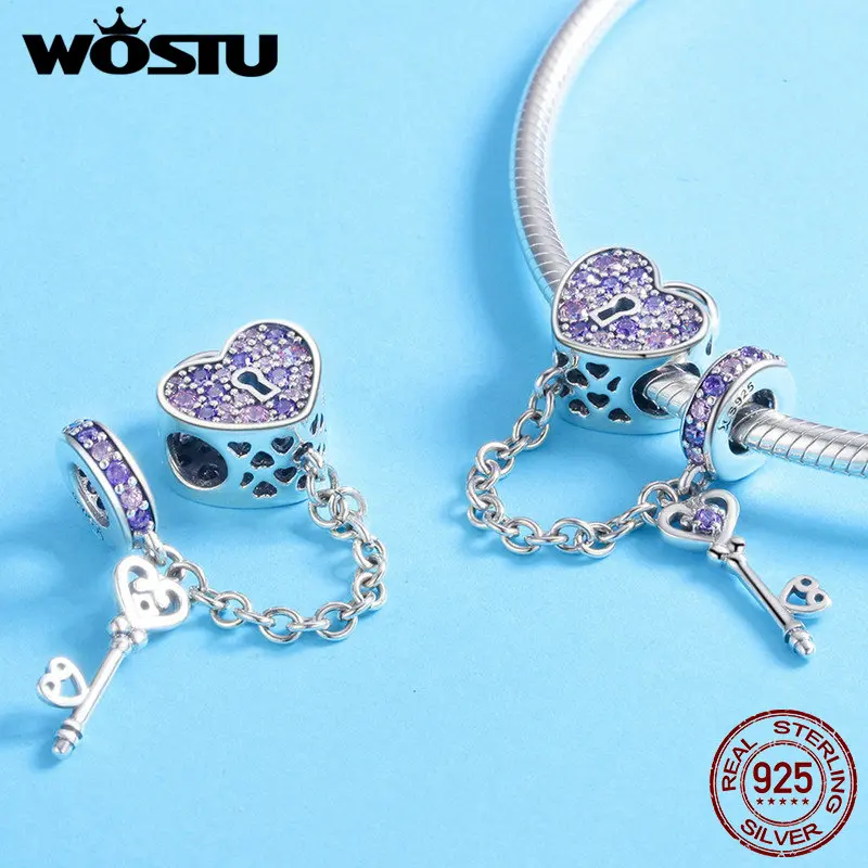 WOSTU 925 пробы серебряный ключ сердце замок Кристалл CZ цепочка бусины талисманы подходят wst браслет модные украшения DXC772