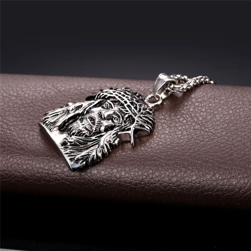 

U7 New Hot Head of Jesus Cross Necklace Trendy Wholesale Stainless Steel Cross Pendant Religious Men Jewelry P864