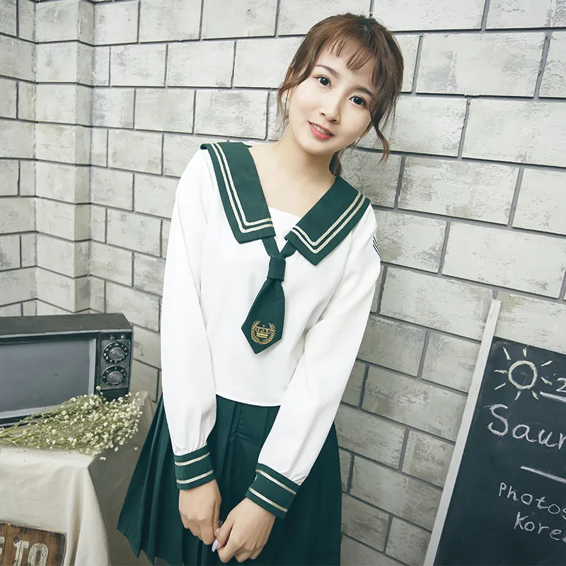 Long Sleeve Set Косплей Матросская форма JK школьная форма комплект рубашка с матросским воротником и зеленая плиссированная юбка костюм школьницы для сцены - Цвет: Long Sleeve Set