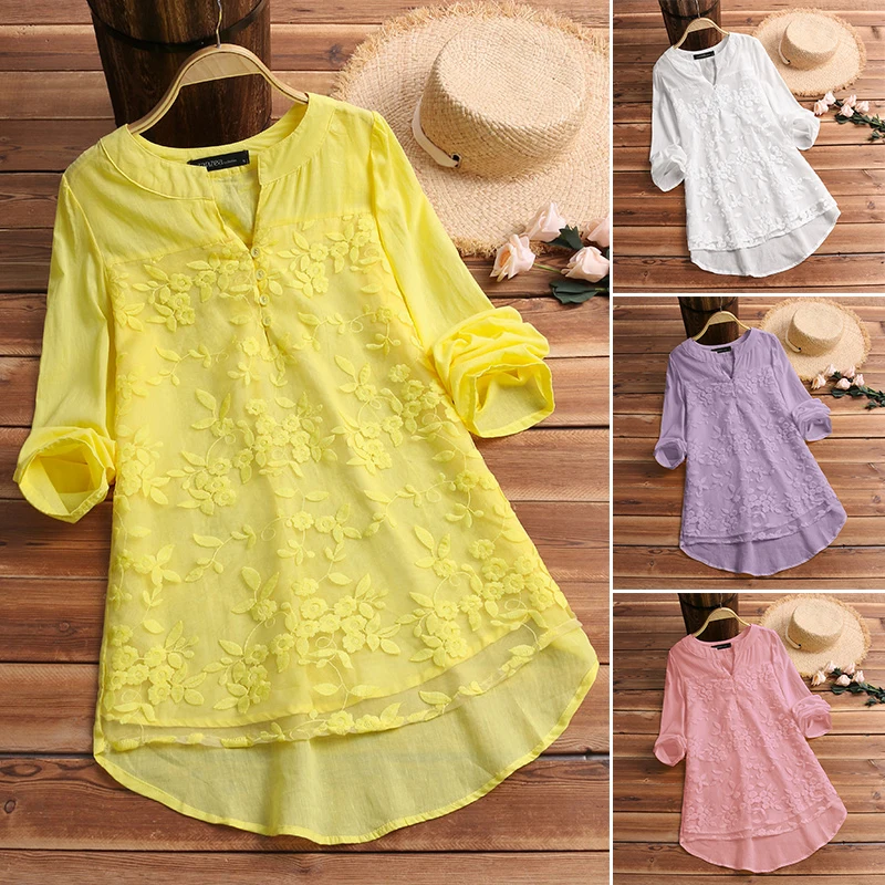 

Fashion Womens Summer Blouse 2022 ZANZEA Tunic Top Elegant Long Sleeve Shirt V Neck Embroidery Blusas Casual Chemise