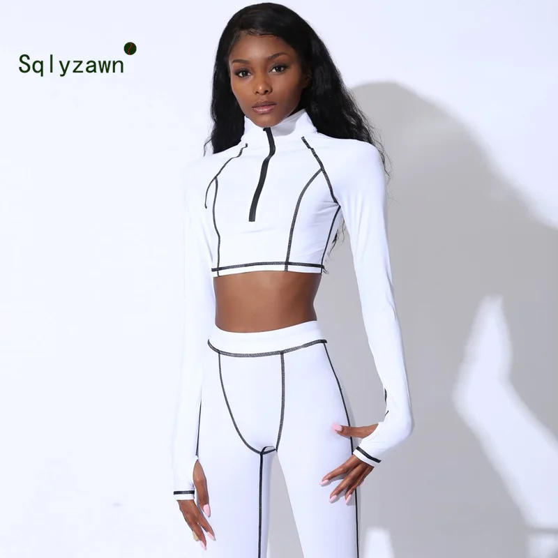 Осень 2019 спортивный костюм в полоску короткий топ с длинным рукавом и высоким