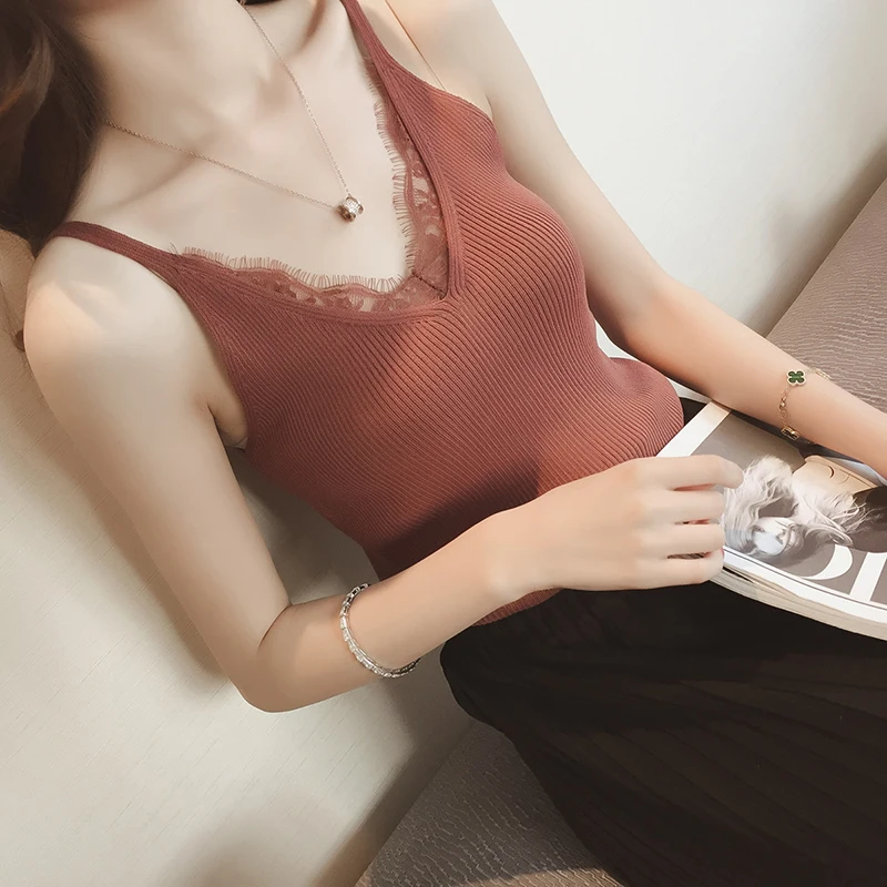 Летние женские вязаные однотонные топы на бретельках футболки без рукавов для