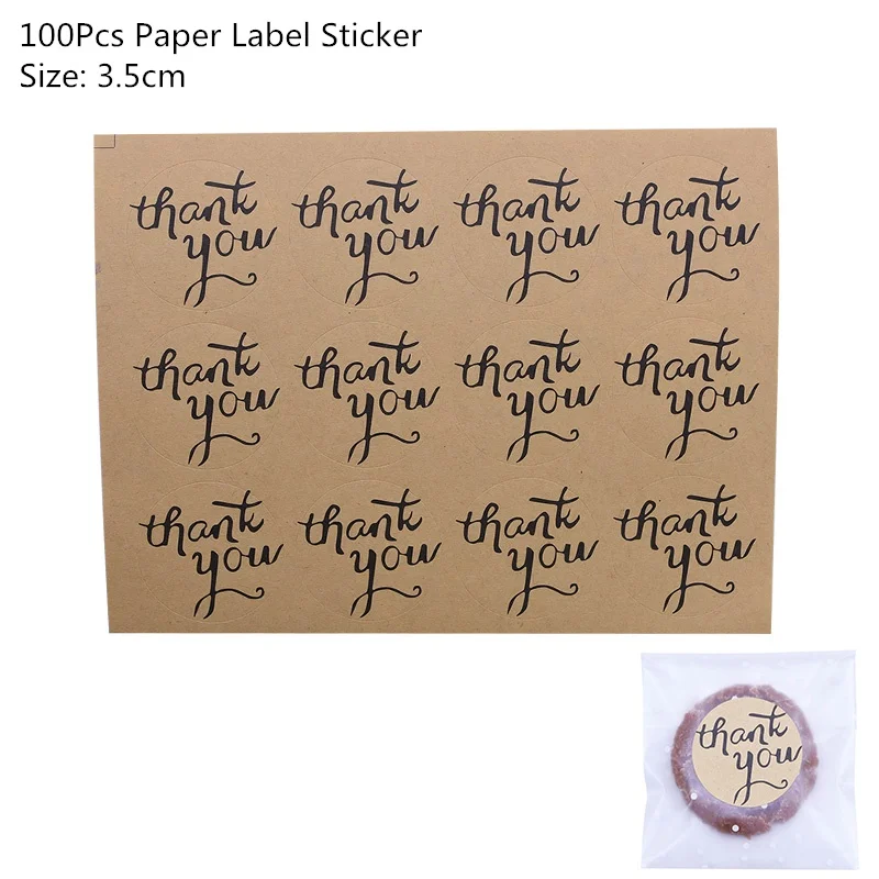 100pcs label sticker 50/100 шт Пластик сумки спасибо печенья и конфетная сумка самоклеющаяся бумага для Одежда для свадьбы, дня рождения мешок подарка печенья упаковочный пакет для выпечки - Цвет: 100pcs label sticker
