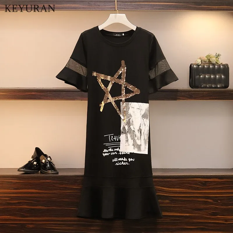 XL 5XL плюс размер платье с оборками Женская одежда лето 2019 звезда блесток вышивка