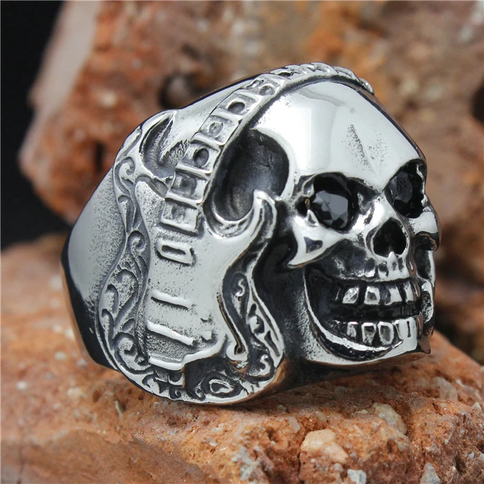 Мужское кольцо в стиле рок-н-Рол из нержавеющей стали 316L с черными камнями |