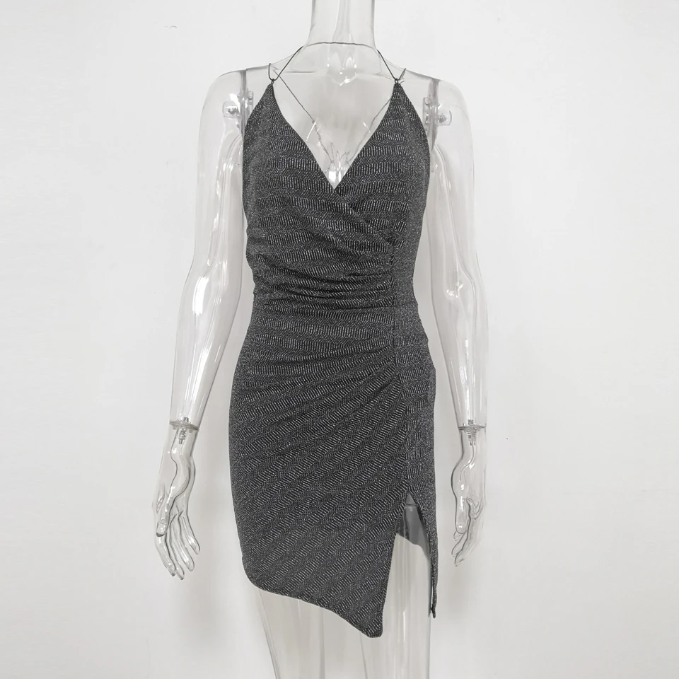 Karlofea/Черное мини платье с разрезом Летняя одежда Уличная Элегантное запахом для