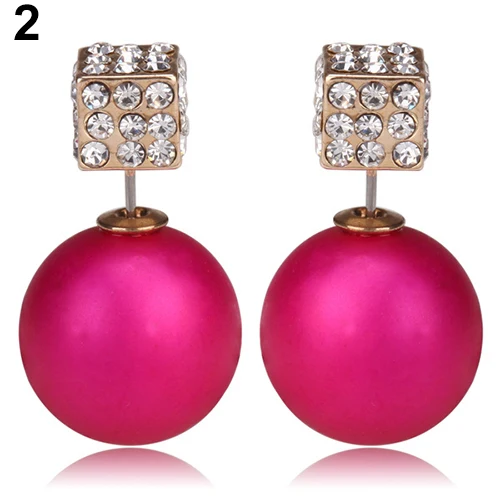 Womens Ladies Double Sides Faux Pearls Square Rhinestones Ear Studs Creative Earrings 4TJ5 | Украшения и аксессуары