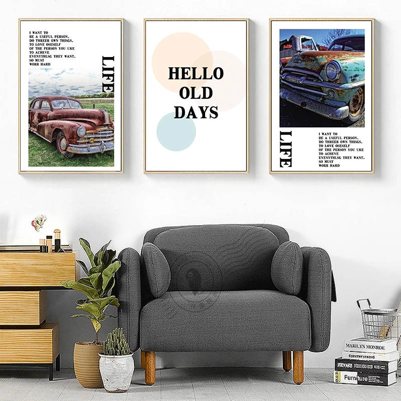 

Wall Art Picture Nordic Vintage Classic Car Hello Old Days Painting Print Posters Living Room Home Decor Chic Concise Background