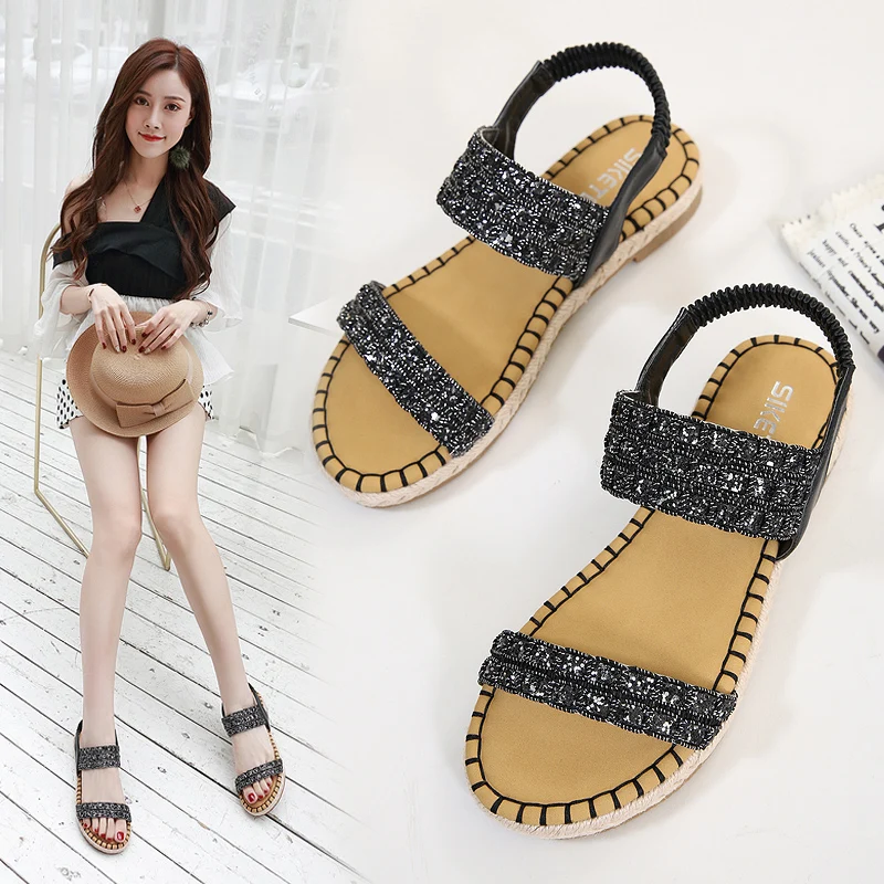 Новинка 2019 корейские женские сандалии богемные с блестками пеньковой веревкой