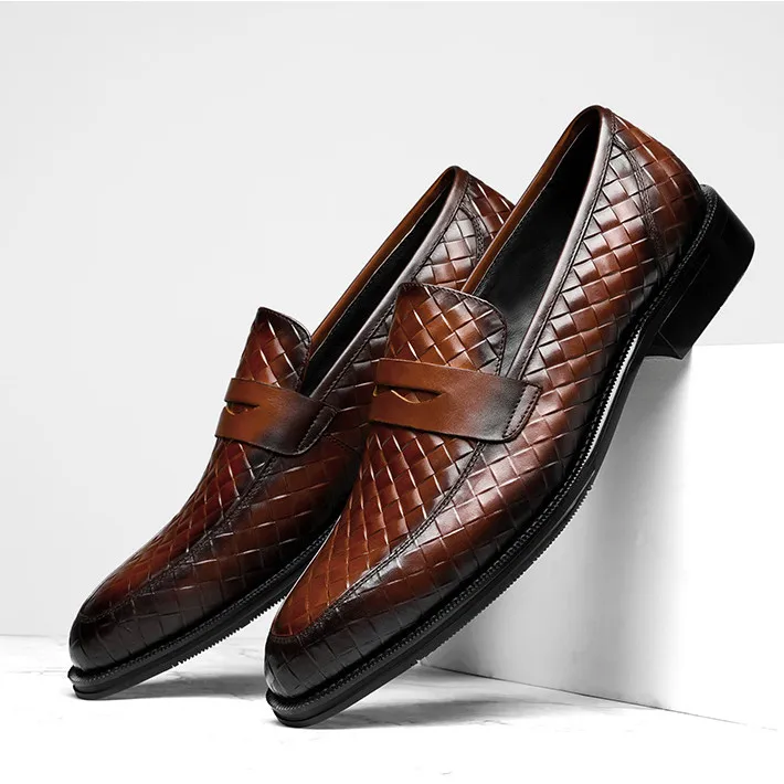 Woven Design Black / Tan Hand Made Loafers Mens Dress Shoes Genuine Leather Wedding Boys Prom | Обувь