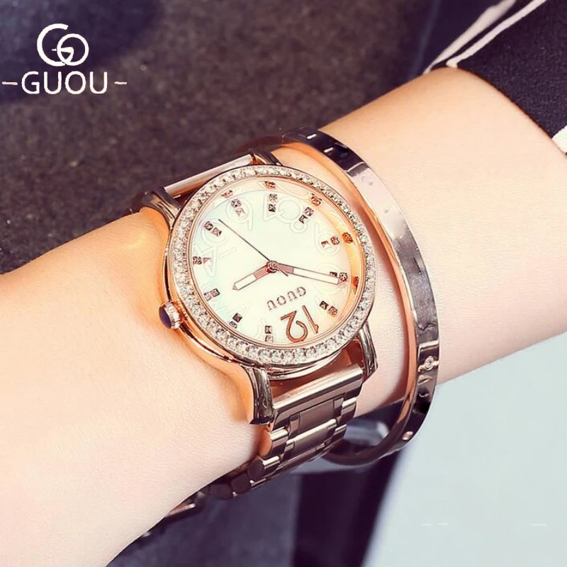 Женские часы с бриллиантами GUOU розовое золото роскошные женские со стразами saat