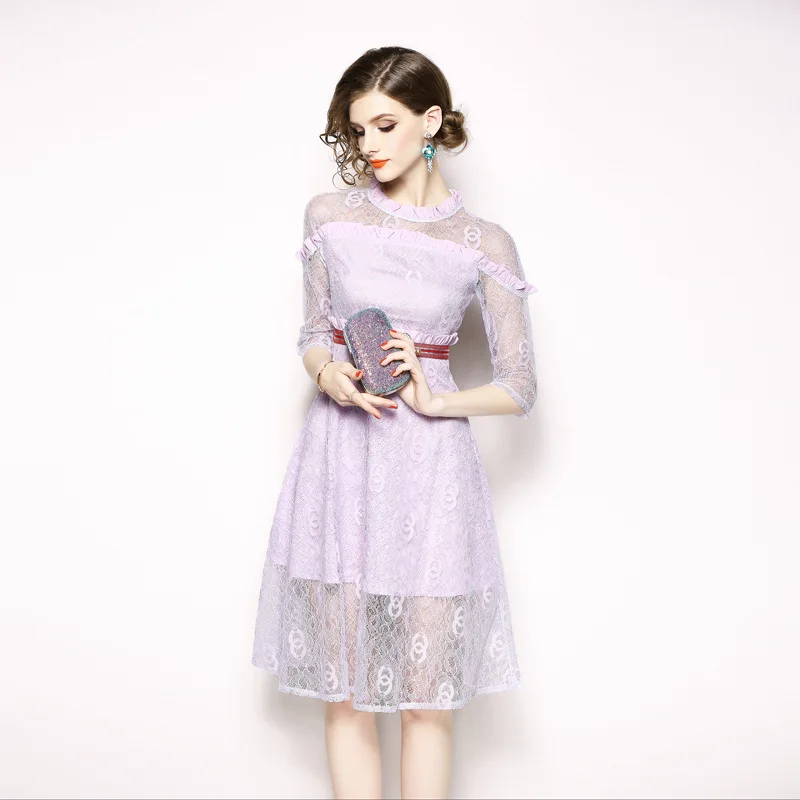 2018 new women's autumn light purple dresses ladies' seven-point sleeves lace slim fashion long dress | Женская одежда
