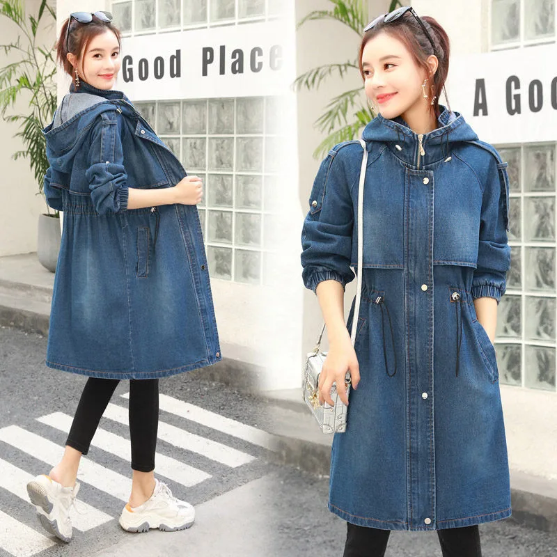 Куртка женская джинсовая с капюшоном винтажная ветровка свободного покроя