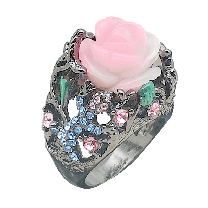 Кольцо из черного золота семь Цвет Роза Пион класса люкс лоза натурального камня